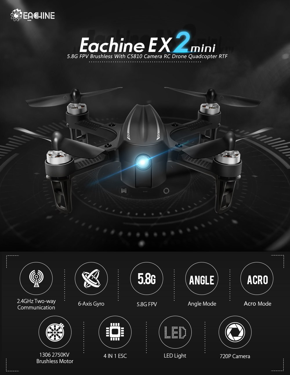FPV Monitor & Goggles Eachine EX2 Mini Drone 5.8G FPV Camera Brushless Motors 