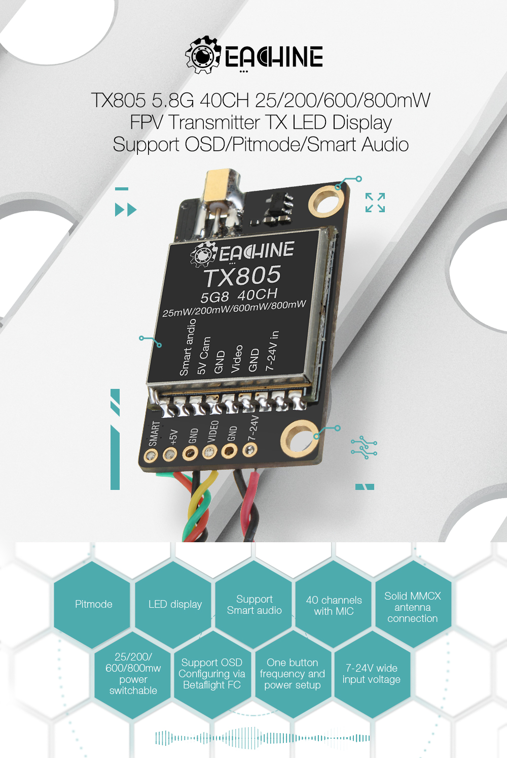 VTX Eachine TX805 5.8G 40CH 25/200/600/800mW FPV Transmitter TX LED Smart Audio 